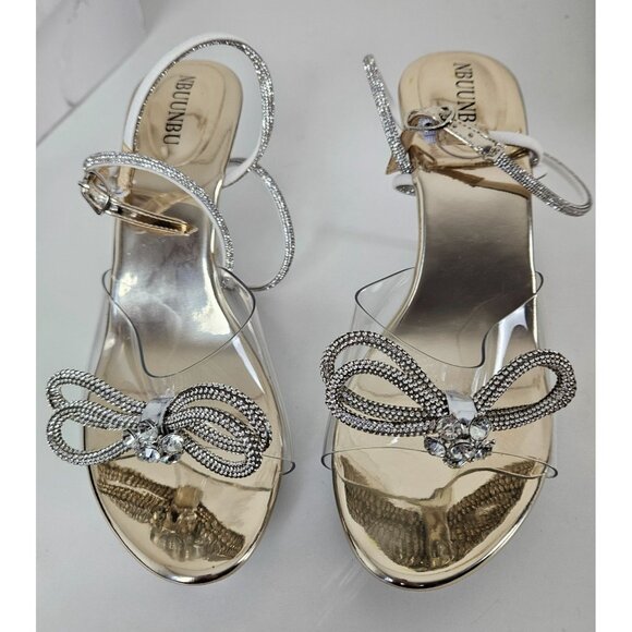 Womens 10.5 Clear High Heels Rhinestone Bow & Ankle Strap Sexy Wedding Party - Picture 7 of 15